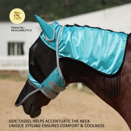 Harrison Howard Pro Fly Mask with Extended Neck Cover Large Eye Space Full Face UV-Proof Mane Styling for Horse Teal L