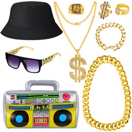 YAROMO 80s 90s Hip Hop Costume Kit, 11 PCS 80s/ 90s Costumes Outfit for Men Women Necklace Ring Sunglasses Hat Rapper Accessories