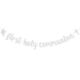 First Holy Communion Banner, Blessing On Your Confirmation, Spanish Mi Primera Comunion, Baptism, Christening, Baby Shower Party Decorations, Silver Glitter
