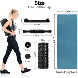 6 in 1 Foam Roller Set Includes Hollow Core Massage Roller, Yoga Stick, Massage Ball, Fitness Stretching Strap, Carrying Bag, Towel, Massage Roller (Black)