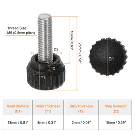 HARFINGTON 10pcs Knurled Clamping Knobs Thumb Screws M5 x 16mm Metric Male Thread 13mm Matte Plastic Head 304 Stainless Steel Stud Hand Threaded Knob Thumbscrew Handle, Black