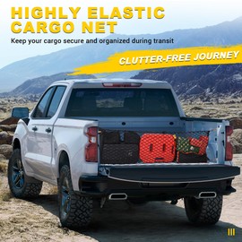 BUMBEE Envelope Style Trunk Cargo Net Compatible with Chevy Silverado 2013-2024 Accessories, Heavy Duty Carabiners Highly Elastic Truck Bed Mesh Cargo Net(16.9" X 52.56" to 66.93")