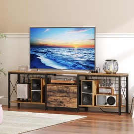 YATINEY TV Stand with Power Outlet Up to 75 Inch, Entertainment Center with 2 Fabric Drawers, TV Console Table with Open Storage Shelves for TVs, Cable Management, for Living Room, Bedroom, DS18UBRY1