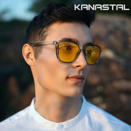KANASTAL Polarised Sunglasses Men Women Classic Rectangle Sunglasses UV400 Protection Retro Unisex Glasses for Travel Hiking and Everyday Use, Q-Yellow/Transparent Grey Frame