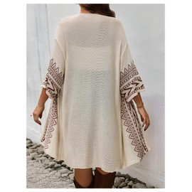 Verdusa Women's Plus Size Boho Tribal Cardigan 3/4 Sleeve Open Front Loose Kimono Cover Up Khaki XX-Large Plus