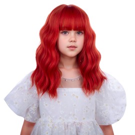 Girls Dark Red Wig Kids Short Red Wig with Air Bangs Child Wavy Curly Wigs Heat Resistant Synthetic Wigs with Cap