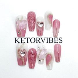 Ketor SWEETHEART EDGE Press-On Nails 10PCS Handmade Fakenails REUSABLE Weekly Style Drops For Daily Life & Special Occasions - Style: N30, Size: M