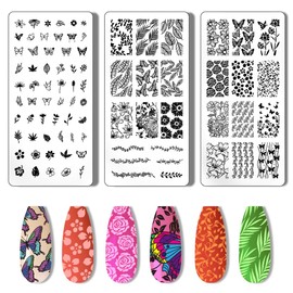 PH PandaHall Pack of 3 Nail Stamping Plates, Nail Stamps, Flower Leaf, Nail Art Stencils, Printing Template, Nail Stencils, Stainless Steel Nail Picture Plates for Nail Decoration, Salon