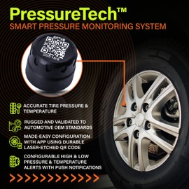PressureTech Wireless Tire Pressure Monitoring System - TPMS Sensors for Automobiles, Motorcycles, Powersport Vehicles, RVs, Trailers - Real-Time Display w/iOS or Android App (0-150 PSI) (Pack of 4)