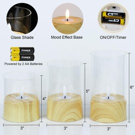 DRomance Glass Flameless Candles Battery Operated with 6 Hour Timer 3D Wick LED Flickering Candle Lights Detachable Woodgrain Base Dinner Wedding Christmas Holiday Decor(3 Pack, 3 x 4,5,6 Inches)