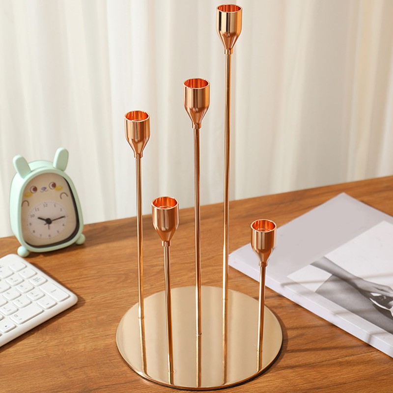 Gold Taper Candle Holders Different Heights 5 Arms Candlestick Holders