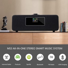 MS3 Stereo Smart Music System with Internet Radio, FM Digital Radio,Clock Radio,Spotify Connect,Bluetooth Speaker,WiFi Speaker,Headphone-Out,Alarms,Presets,Remote and App Control–Black Oak