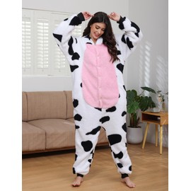chuangminghangqi One Piece Pyjamas Women's Long Winter Onesie Animal Costume Adult Costume Jumpsuit Women's Cuddly Pyjamas Fleece Onesie Clothing with Hood, Pink Cow