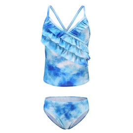 Big Girls Tankini Swimsuits Two Piece Bathing Suit Hawaiian Tie Dye Swimwear Set for Girls Blue Size 12/10-12 Years