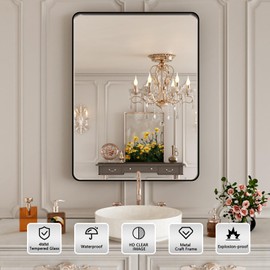 ISTRIPMF 22x30 Inch Black Bathroom Mirror,Rectangle Wall Mirror for Bathroom,Round Corner Matte Black Metal Framed Mirror(Horizontal/Vertical)