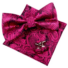 Alizeal Mens Retro Paisley Pre-tied Bow Tie, Pocket Square and Cufflinks, Hot Pink