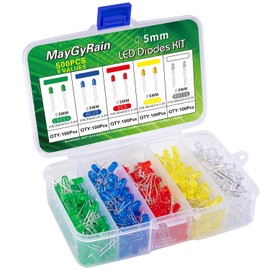5mm LED Diodes Kit,500 Piece 5 Values 5 Color, Light Assortment Kit Low Voltage Circuit Emitting Diodes Bulb Lamp Set, Green, Blue, Red, Yellow, White (5mm-5color-500pcs)