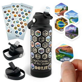 National Parks Water Bottle [2024 Edition] – 32oz Insulated Stainless Steel with 63 Engraved Parks – Leak-Proof, 2 Lids, Stickers