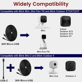 50ft Power Extension Cable Compatible with Blink Mini 2, Blink Mini and Blink Outdoor4, XT, XT2 Cameras - 15m Long Flat Charging Cord with 30cm Short USB C Waterproof Adapter, Black