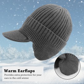 PESAAT Thick Men Knit Visor Winter Warm Adult Earflap Beanie Hat Classic Men Skull Cap (Gray)