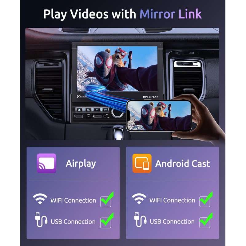 [Motorized] Single Din Touchscreen Car Stereo with Wireless Carplay Android
