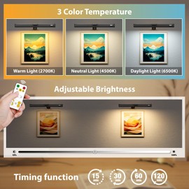 Olafus Picture Light Battery Operated, 15in Rechargeable Wall Light, 3 Colors and Brightness Dimmable Art Gallery Light with Timer for Painting, Artwork, Gallery, Dartboard, Portrait, Black