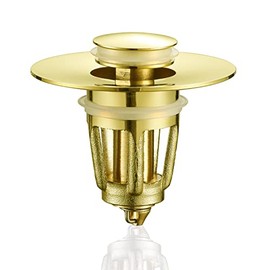 Bathroom Drain Stopper for 1.08" - 1.4", Brass Pop Up Drain Stopper Anti Clogging Drain Plug with Basket, Bathroom Kitchen Vessel Sink Drain Strainer Spring Bounce Core Push Type Drain Filter (Gold)