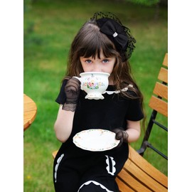 2 Pcs Fascinator Hat for Girls Funeral Veil Hat Kids 50s Fascinator Black White Lace Hat and Gloves for Tea Party(Black)