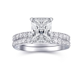 Engagement Rings For Women Wedding Rings Fake Engagement Ring Set Promise Rings For Her 2 Carat 2CT Radiant Cubic Zirconia CZ Bridal Ring Sets Wedding Rings Cheap Band 2pcs, Size 7