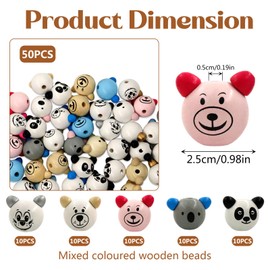 Pack of 50 Wooden Beads with Face, Koala Bear, Panda Face Wooden Bead, Bear Head Wooden Beads, Wooden Beads with Face Worries, Wooden Balls with Hole for DIY Bracelet, Necklace, Jewellery (50)