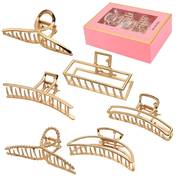 LUKACY 6 Pack Large Metal Hair Claw Clips - 4 Inch Big gold hair clips,Perfect Jaw hair clamps for Women and Thinner, Thick hair styling,Strong Hold Hair,Fashion Hair Accessories for women
