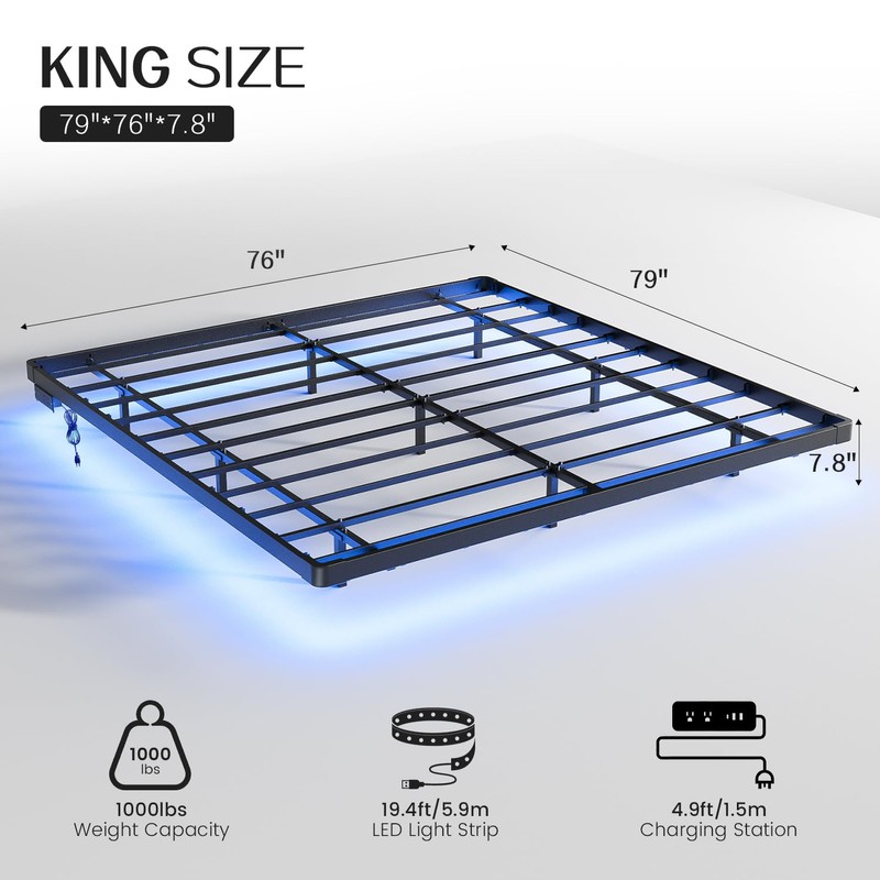 OLEVS King Size Floating Bed Frame, Metal Platform, with LED