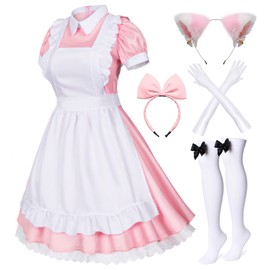 Wannsee Japanese Anime 6Pcs Lolita French Maid Apron Fancy Dress Cosplay Costume Gloves Headwear Socks set(Pink 3XL)