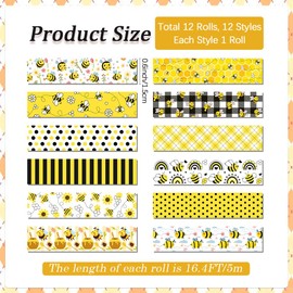 CRASPIRE 12 Rolls Bee Tape Masking Tapes Honey Flower Honeycomb Yellow Decorative Gift Wrapping Tapes for Scrapbooking DIY Crafts Journal Notebook Planner Envelope Party Favor Supplies