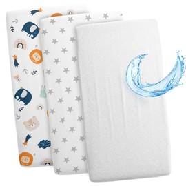 Fitted Sheets for Baby Stroller Set of 3: 90 x 55 cm - 2x Sheets + 1x Waterproof Mattress Protector - Baby Bed Accessories for Crib, Side Bed, Bassinet Stars white