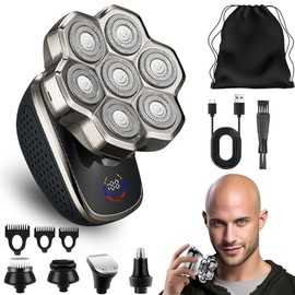 BAWLDY - Bawldy 9.0 Shaver, Bawldy 9.0 Ultra, Head Shavers for Bald Men, 6-in-1 Electric Razor - Led Display Rechargeable Head Shaving Kit with USB-C Fast Charge, IPX7 Waterproof (Set-B-7 Blades)