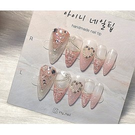 [In-store special discount]Pink Tree Tweed Winter Handmade Nail Tips - Gyaru Stiletto / [입점초특가할인]핑크트리 트위드 겨울 수제네일팁 - 갸루스틸레토