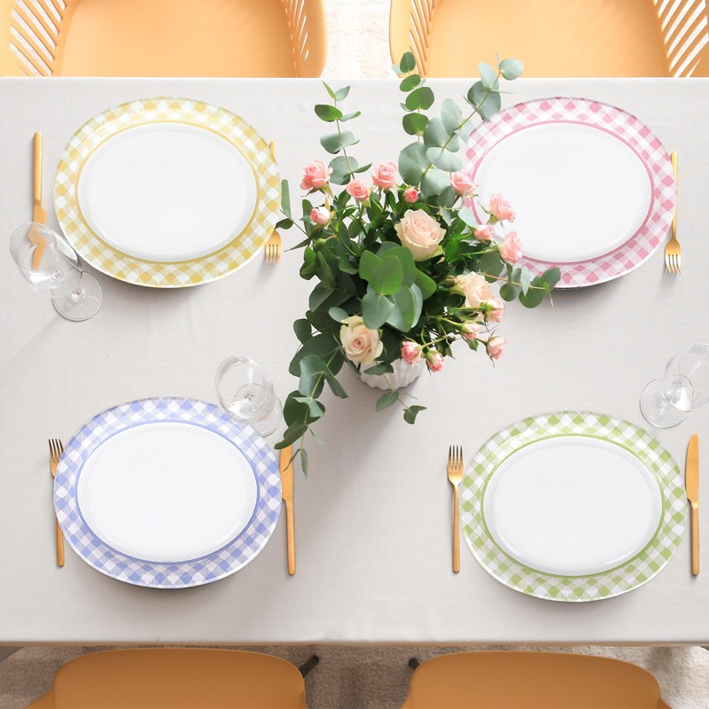 FYSUIMU 40 Pcs Pastel Gingham Oval Paper Plates Colorful Checkered