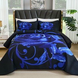 Xruibed Blue Quilt Set King Size, Blue Rose Flower Bedspread with Pillowshames, Soft Micorfiber Lightweight Bedding Set Floral Quilt Set for All Season (90"x110")