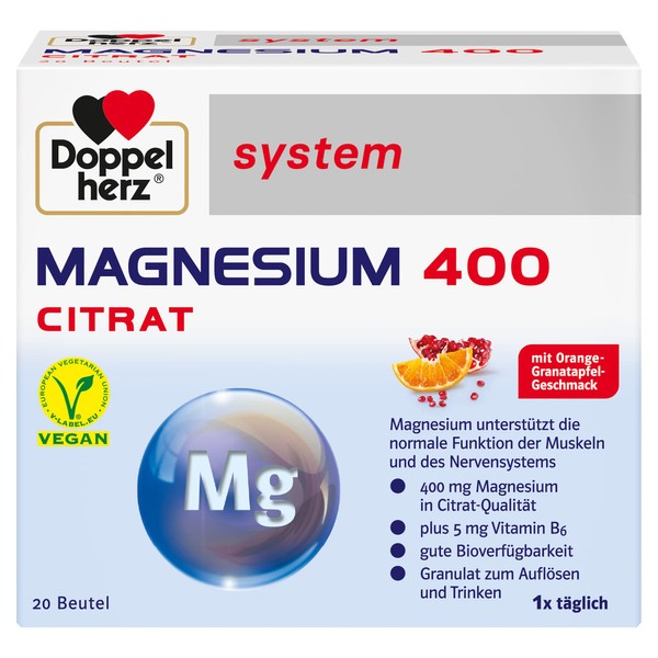 Doppelherz System Magnesium 400 Citrate - Magnesium as a Contribution to the Normal Function of Muscles and Nervous System - 20 Portion Bags