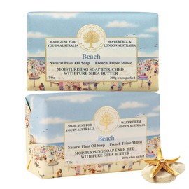 Wavertree & London Beach Scented Natural Soap (2 Bars), 7oz Moisturizing French Triple Milled Soap Bars enriched with shea butter - Pure Plant Based Bath & Body Bars for All Skin Types