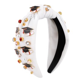 Jaciya Graduation Headband with Cap & Diploma Charms - White Knotted Headband for Women Girls Grad Party Favors Picture Props