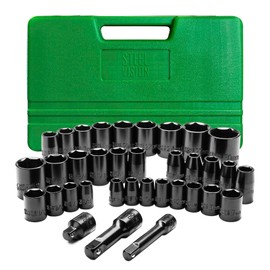 Steel Vision 3/8" and 1/2” Drive Impact Socket Set, 35 Pieces Metric(8-30 mm) and SAE(3/8-1 inch) Shallow Socket, Cr-V, 6-Point, Includes Socket Adapter and Extension Bars, Portable Storage Case