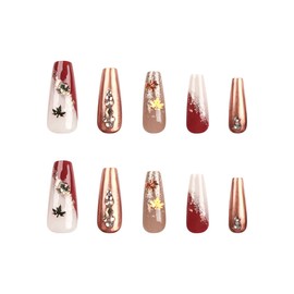 Fall Press on Nails Maple Leaves Fake Nails Full Cover Long Fake Nails Glitter Autumn Designs Thanksgiving Day Nail Maple leaves False Nails for Women and Girls DIY Manicure Decoration Kit
