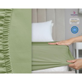 BEAUTEX Cotton Fitted Sheet, Premium Jersey Fabric, 160 g/m², Choice of Size and Colour (Standard, 90 x 200 x 30 cm, Olive Green)