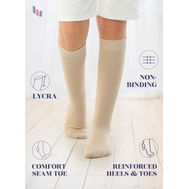 HUGH UGOLI Knee High Socks for Kids Girls Boys & Toddlers, Solid Color Long School Uniform Socks, Soft Breathable & Comfortable Bamboo Socks 3-14 Years Old | 3 Pairs | Light Beige | 9-11 Years