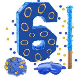 16 Inch Number 6 Double Sided Printing Blue Gold Ring Pinata with 16 Inch Piñata Stick Blindfold Confetti for Boy Girl Kids 6th Birthday Party Decorations (6th)