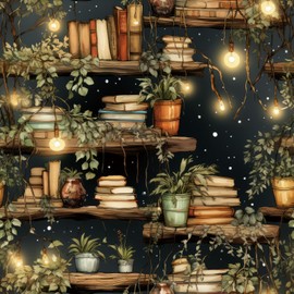 ReWallpaper Boho Botanical Peel and Stick Bookshelf Wallpaper Self Adhesive Vintage Book Wallpaper Removable Wall Covering for Living Room Accent Wall Ticktok Background Library Aesthetic 17.5inx23ft