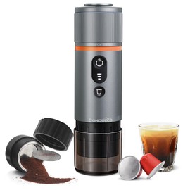 CONQUECO Portable Espresso Machine Travel: 8 cups 12V Electric Coffee Maker with Battery for Camping - 2.5 Mins Self Heating - With Ground Coffee & NS Capsule for RV, Hiking, Office