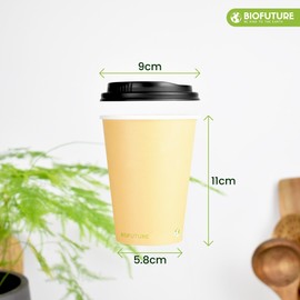 BIOFUTURE Biodegradable Coffee Cups – 50 x 6oz – 16oz (170ml – 450ml) Disposable Paper Cups with Lids – Eco-Friendly and 100% Compostable – Ideal for Tea, Coffee, and Hot Drinks (Sand, 12oz)
